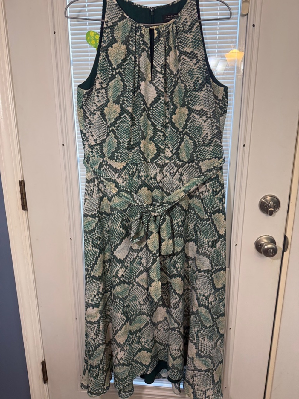 Tahari ASL Green and Cream Snake-Print Sleeveless Midi Dress
